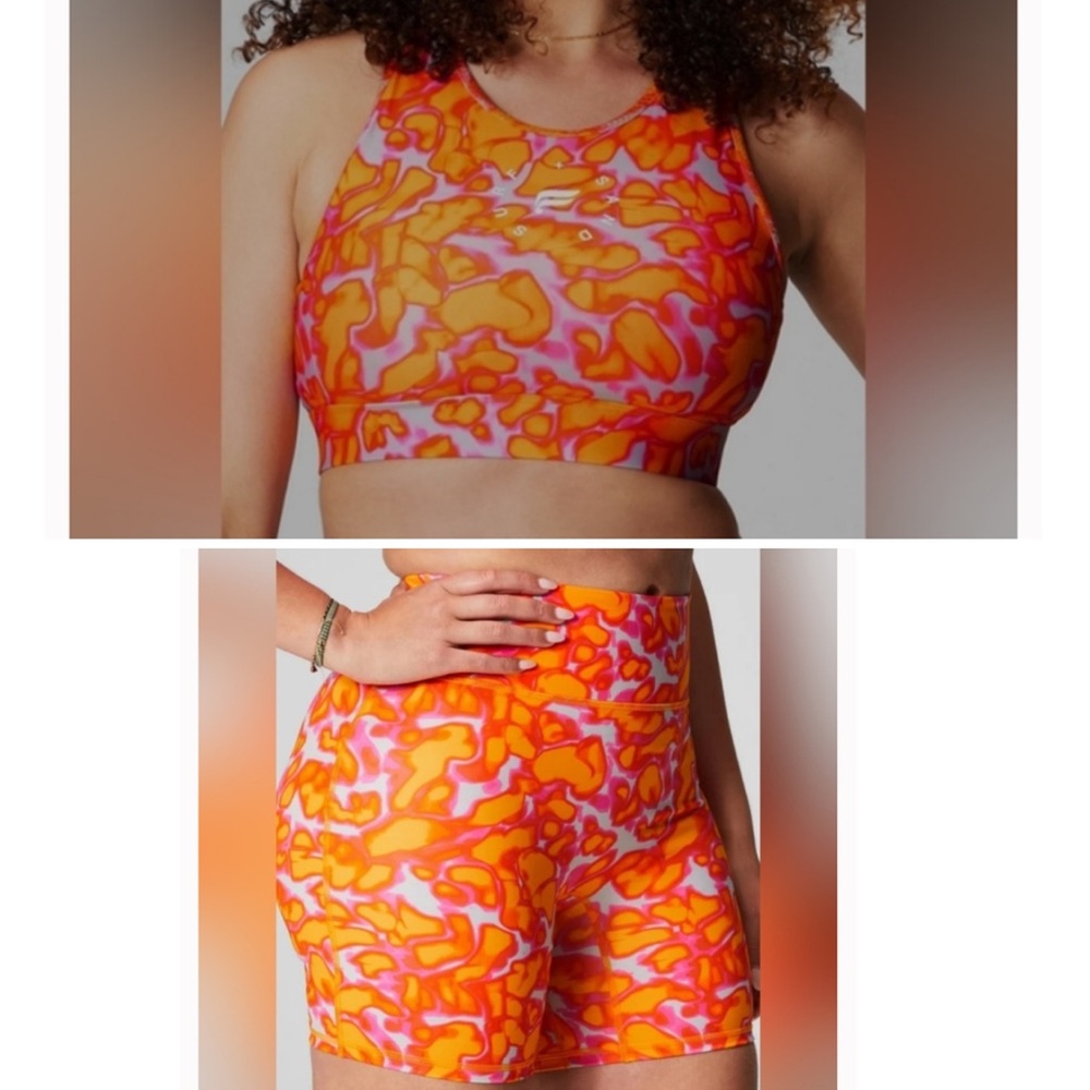 Fabletics Orange Pink Abstract Print High-Neck Sports Bra & Shorts Set